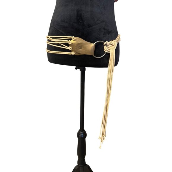 Handcrafted Knotted Rope Belt With Leather Accents & Metal Ring - Adjustable Fit - Picture 1 of 4